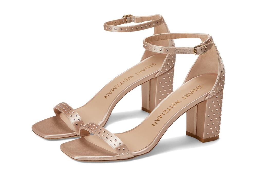 STUART WEITZMAN NUDISTCURVE 75 BLOCK Satin/Crystal Leather Sandal Nude Color 9 B